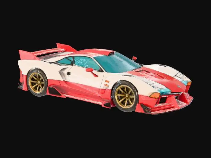 3D model for (S13-inspired)","material":"plastic-ceramic body over dark inner-frame, red lacquer armor plates, gold fasteners, tinted glass","shape_form":"long-hood short-deck coupe; low wide stance; box-flare fenders; front splitter; side skirts; ducktail; V-fin roof blade; cat-ear mirror fins; pizza-emblem grille badge; quad vernier exhausts; pop-up eyelid lamps; roll cage","color_scheme":"white base with saturated red panels, gold trims, black chassis, teal vents, cyan glass; pizza-slice livery + kana decals","texture_details":"clean ink panel lines, hard 2-step cel shadows; glossy body, matte tires, satin rubber; bold number roundels, no grime","style":"1990s anime cel, cartoon, sentai parody, hyper-saturated, no realism",#Christmas2025#
