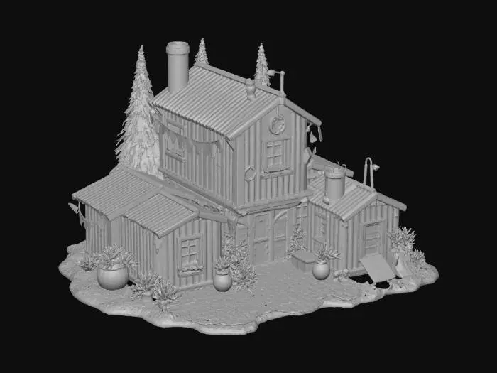 3D model for "object":"Ork Krumpmas House","material":"corrugated scrap metal, rusted steel, cable, chain, dirt, cloth, glowing wires, welded parts","shape_form":"three shipping containers welded at crooked angles, tank-door entrance, metal cone tree outside, chimney pipe, cluttered courtyard","color_scheme":"rust brown, olive green, red banners, oily black, glowing yellow and green lights","texture_details":"scratched metal, patched walls, lumpy weld seams, tinsel foil strips, soot-stained chimney, bolted vehicle couch","style":"Cartoon","environment_use_context":"Warhammer 40K Ork settlement celebrating Krumpmas with handmade decorations and loud cheer","reference_models":["shipping container homes","junkyard buildings","Warhammer Ork terrain","metal shacks","post-apocalyptic decor"]
#Christmas2025#