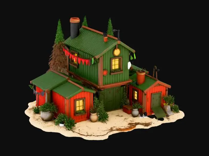 3D model for "object":"Ork Krumpmas House","material":"corrugated scrap metal, rusted steel, cable, chain, dirt, cloth, glowing wires, welded parts","shape_form":"three shipping containers welded at crooked angles, tank-door entrance, metal cone tree outside, chimney pipe, cluttered courtyard","color_scheme":"rust brown, olive green, red banners, oily black, glowing yellow and green lights","texture_details":"scratched metal, patched walls, lumpy weld seams, tinsel foil strips, soot-stained chimney, bolted vehicle couch","style":"Cartoon","environment_use_context":"Warhammer 40K Ork settlement celebrating Krumpmas with handmade decorations and loud cheer","reference_models":["shipping container homes","junkyard buildings","Warhammer Ork terrain","metal shacks","post-apocalyptic decor"]
#Christmas2025#