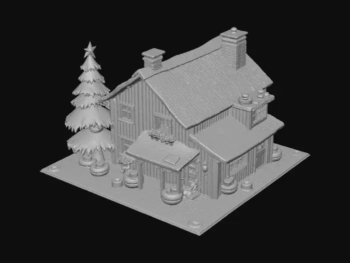 3D model for {"object":"Ork Krumpmas Hut","material":"shipping containers, corrugated scrap metal, rusted steel, chain, cable, cloth strips, indicator lamps, soot-covered snow","shape_form":"stacked offset containers with patchwork scrap siding, crooked sign on front, stovepipe chimney, lopsided roofline, tire-based cone tree","color_scheme":"rust maroon, dirty white, green paint, glowing yellow and red lights, soot gray snow","texture_details":"chipped paint, weld seams, snow buildup, soot smears, cloth strips, scrap ornaments, flickering lights","style":"Cartoon","environment_use_context":"Ork winter outpost during Krumpmas, junkyard-style decorated house with lights",
#Christmas2025#