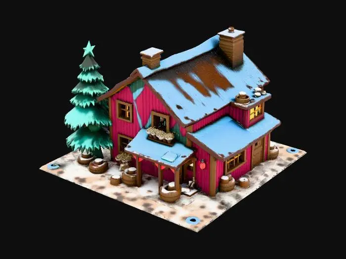 3D model for {"object":"Ork Krumpmas Hut","material":"shipping containers, corrugated scrap metal, rusted steel, chain, cable, cloth strips, indicator lamps, soot-covered snow","shape_form":"stacked offset containers with patchwork scrap siding, crooked sign on front, stovepipe chimney, lopsided roofline, tire-based cone tree","color_scheme":"rust maroon, dirty white, green paint, glowing yellow and red lights, soot gray snow","texture_details":"chipped paint, weld seams, snow buildup, soot smears, cloth strips, scrap ornaments, flickering lights","style":"Cartoon","environment_use_context":"Ork winter outpost during Krumpmas, junkyard-style decorated house with lights",
#Christmas2025#