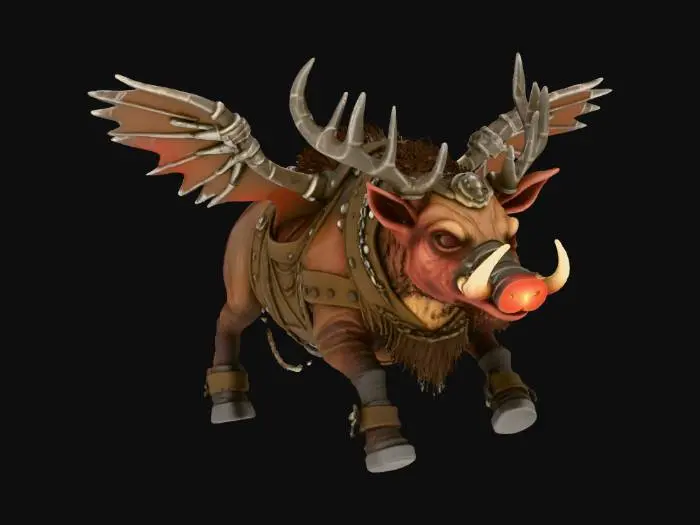 3D model for {"object":"Da Rokkit Reinda (Santa-Ork Reindeer Squig)","material":"bristly hide, welded scrap metal, leather, canvas, rusted chain","shape_form":"barrel-chested squig, boar-like body, squat and muscular with a wide blunt head","color_scheme":"dirty reds, rust-browns, oily blacks, and grimy steel","texture_details":"scarred hide, bristle texture, metal antlers with weld beads, rough canvas straps, spent casing bells, rocket soot and grime","style":"Cartoon","environment_use_context":"Warhammer 40K Ork Krumpmas parade, flying via crude rockets","reference_models":["Warhammer squigs","Ork machinery","bulldogs","boars","junkyard robots"]}
, #Christmas2025#