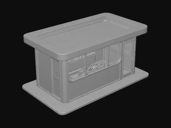 3D model for {"object":"food kiosk","material":"matte metal with neon highlights, natural wood accents, frosted glass panels","shape_form":"compact modular structure","color_scheme":"dark neutrals with vibrant neon highlights","texture_details":"smooth matte surfaces, glowing edges, soft wood grain, semi-transparent frosted glass","style":"a fusion of cyberpunk aesthetics and Scandinavian minimalism","environment_use_context":"futuristic urban street corner for gaming or VR","reference_models":""}