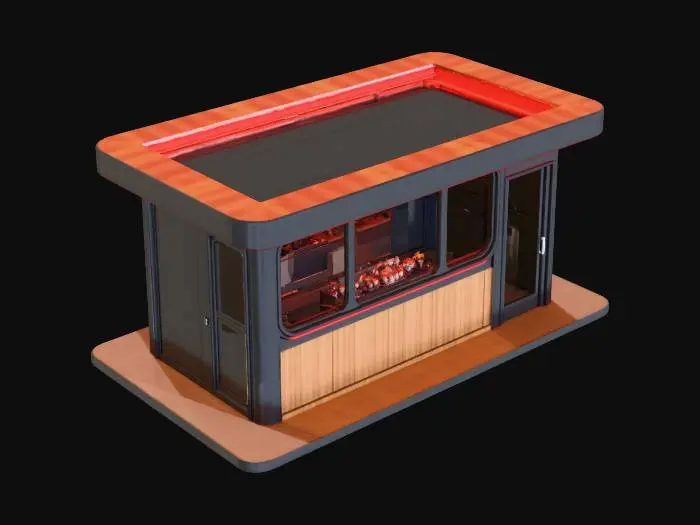 3D model for {"object":"food kiosk","material":"matte metal with neon highlights, natural wood accents, frosted glass panels","shape_form":"compact modular structure","color_scheme":"dark neutrals with vibrant neon highlights","texture_details":"smooth matte surfaces, glowing edges, soft wood grain, semi-transparent frosted glass","style":"a fusion of cyberpunk aesthetics and Scandinavian minimalism","environment_use_context":"futuristic urban street corner for gaming or VR","reference_models":""}