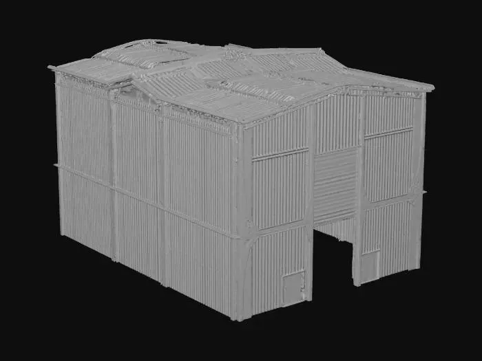 3D model for {"object":"large empty industrial warehouse","material":"corrugated metal walls with concrete floor and steel roof trusses","shape_form":"rectangular layout approximately 80 meters long, 40 meters wide, and 12 meters tall with wide open interior space","color_scheme":"gray walls, metallic ceiling beams, light concrete flooring","texture_details":"ribbed wall panels, smooth concrete surface, visible steel I-beams and support columns","style":"Realistic","environment_use_context":"car show venue with open sliding entryway, 5 raised bay doors, skylight ceiling panels, and floor space for 20+ vehicles","reference_models":["modern industrial warehouse","expo event space"]}