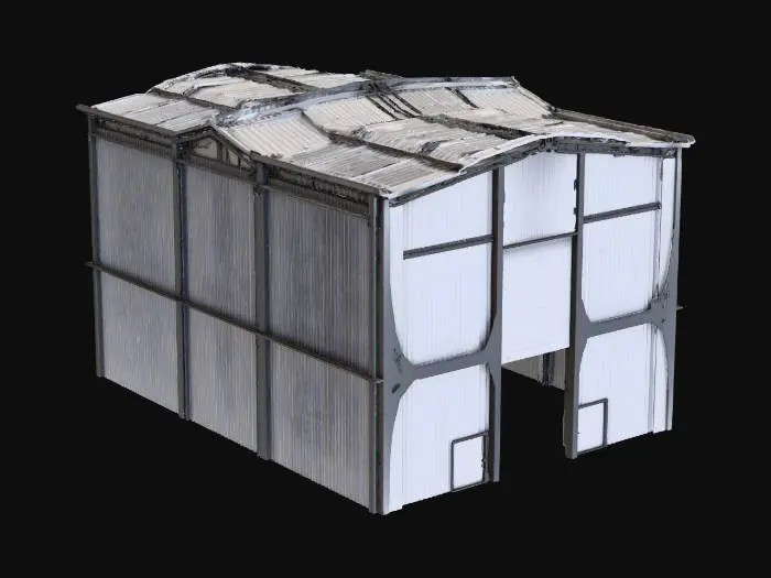 3D model for {"object":"large empty industrial warehouse","material":"corrugated metal walls with concrete floor and steel roof trusses","shape_form":"rectangular layout approximately 80 meters long, 40 meters wide, and 12 meters tall with wide open interior space","color_scheme":"gray walls, metallic ceiling beams, light concrete flooring","texture_details":"ribbed wall panels, smooth concrete surface, visible steel I-beams and support columns","style":"Realistic","environment_use_context":"car show venue with open sliding entryway, 5 raised bay doors, skylight ceiling panels, and floor space for 20+ vehicles","reference_models":["modern industrial warehouse","expo event space"]}