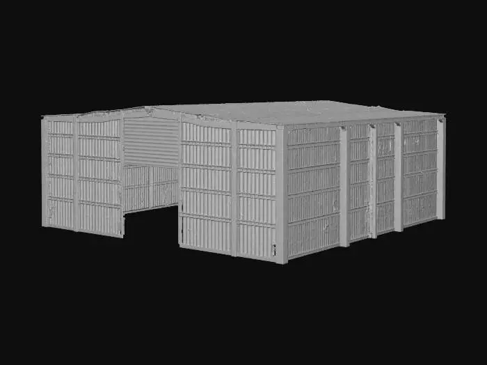 3D model for {"object":"large empty industrial warehouse","material":"corrugated metal walls with concrete floor and steel roof trusses","shape_form":"rectangular layout with high ceilings and wide floor area","color_scheme":"gray walls, metallic ceiling beams, light concrete flooring","texture_details":"ribbed wall panels, smooth concrete surface, visible steel I-beams and support columns","style":"Realistic","environment_use_context":"car show venue with wide open entryway, raised bay doors, and skylight panels","reference_models":["modern industrial warehouse","expo event space"]}