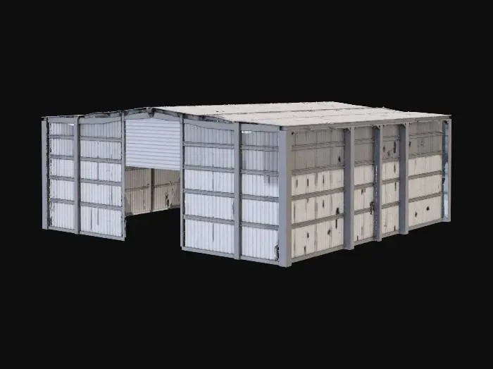 3D model for {"object":"large empty industrial warehouse","material":"corrugated metal walls with concrete floor and steel roof trusses","shape_form":"rectangular layout with high ceilings and wide floor area","color_scheme":"gray walls, metallic ceiling beams, light concrete flooring","texture_details":"ribbed wall panels, smooth concrete surface, visible steel I-beams and support columns","style":"Realistic","environment_use_context":"car show venue with wide open entryway, raised bay doors, and skylight panels","reference_models":["modern industrial warehouse","expo event space"]}