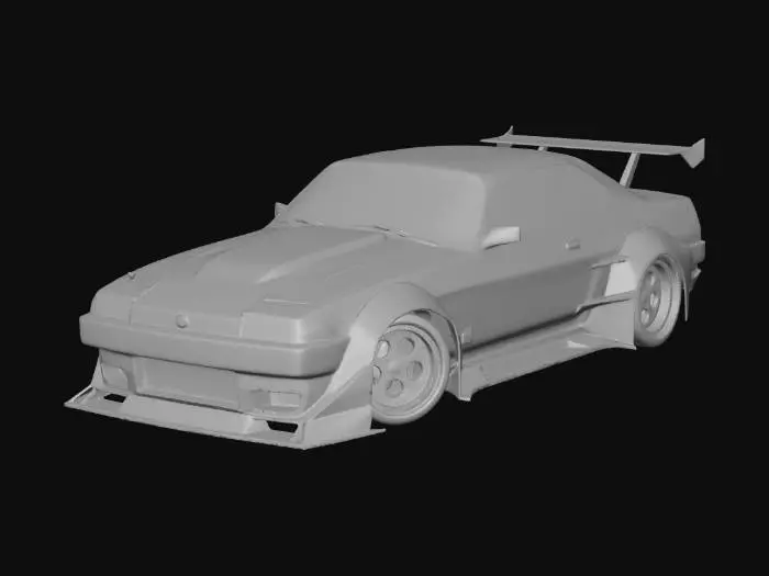 3D model for {"object":"Nissan 180SX (S13) widebody drift car","material":"single solid watertight manifold mesh for STL; no interior/engine bay; solid windows","shape_form":"S13 fastback coupe; bolt-on riveted overfenders (front+rear) with widened track; vented hood; deep front bumper w/ large intake, splitter (thick), small canards; side skirts; rear diffuser; large GT wing; lowered stance; deep-dish 6-spoke wheels (thick spokes) + low-profile tires; mild negative camber; thick integrated mirrors","color_scheme":"plain single color, no decals/logos/text","texture_details":"smooth hard-surface panels, subtle panel gaps, beveled edges; simplified flat underbody; closed wheel wells; avoid fragile parts; min feature thickness 2-3mm","style":"realistic CAD-like hard-surface, 3D-print ready"}