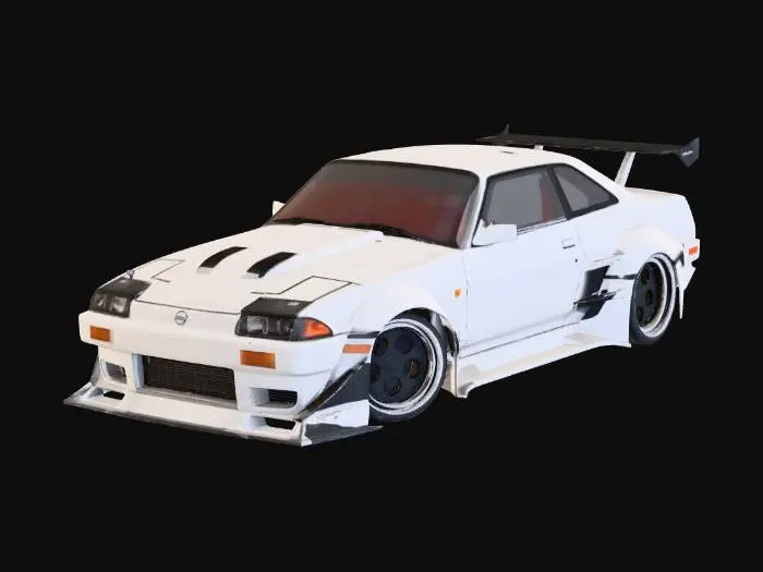 3D model for {"object":"Nissan 180SX (S13) widebody drift car","material":"single solid watertight manifold mesh for STL; no interior/engine bay; solid windows","shape_form":"S13 fastback coupe; bolt-on riveted overfenders (front+rear) with widened track; vented hood; deep front bumper w/ large intake, splitter (thick), small canards; side skirts; rear diffuser; large GT wing; lowered stance; deep-dish 6-spoke wheels (thick spokes) + low-profile tires; mild negative camber; thick integrated mirrors","color_scheme":"plain single color, no decals/logos/text","texture_details":"smooth hard-surface panels, subtle panel gaps, beveled edges; simplified flat underbody; closed wheel wells; avoid fragile parts; min feature thickness 2-3mm","style":"realistic CAD-like hard-surface, 3D-print ready"}
