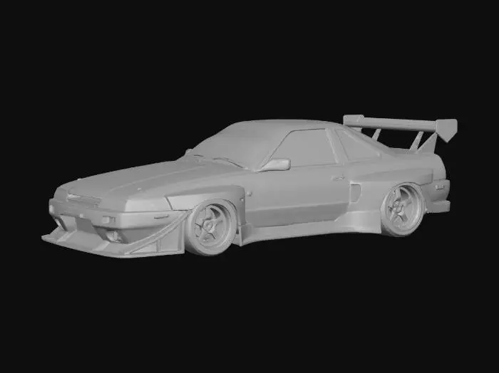 3D model for {"object":"Nissan 180SX (S13) widebody drift car, 1:8 scale","material":"FDM ASA; watertight STL parts: body + 4 separate wheels + 2 axle pins; no interior; solid windows","shape_form":"S13 fastback; riveted overfenders; vented hood; deep front bumper + thick splitter; side skirts; large GT wing; lowered stance; deep-dish 6-spoke rims w tires; mild camber; wheel hubs with 4mm bore; body axle mounts","color_scheme":"single color, no decals/logos/text","texture_details":"smooth panels; shallow panel lines; bevel edges; closed wheel wells; flat underbody; min wall 3mm; 0.4mm clearance on rolling joints","style":"realistic CAD hard-surface, 3D-print ready"}