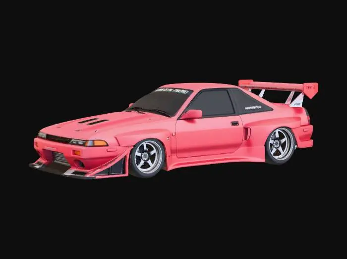 3D model for {"object":"Nissan 180SX (S13) widebody drift car, 1:8 scale","material":"FDM ASA; watertight STL parts: body + 4 separate wheels + 2 axle pins; no interior; solid windows","shape_form":"S13 fastback; riveted overfenders; vented hood; deep front bumper + thick splitter; side skirts; large GT wing; lowered stance; deep-dish 6-spoke rims w tires; mild camber; wheel hubs with 4mm bore; body axle mounts","color_scheme":"single color, no decals/logos/text","texture_details":"smooth panels; shallow panel lines; bevel edges; closed wheel wells; flat underbody; min wall 3mm; 0.4mm clearance on rolling joints","style":"realistic CAD hard-surface, 3D-print ready"}