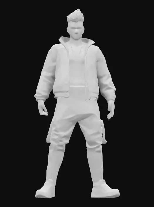 3D model for Subject: Neon Raze as a Superhuman man, cyberpunk-themed attire, glowing neon aura. Style: Cyberpunk, vibrant neon hues, sleek futuristic elements, stylized design. Material: Soft synthetic fabric with neon-accented stitching, faintly glowing circuits, reflective metallic accents. Details: Intricate glowing patterns on the clothing, faint digital patterns on the skin, soft expressions showcasing wonder and curiosity, short and slightly spiked hair.VR, HDR lighting, and 8K rendering.