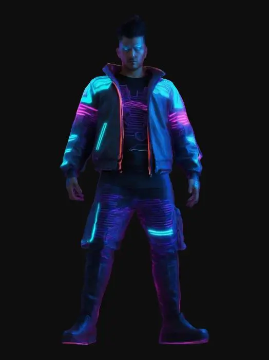 3D model for Subject: Neon Raze as a Superhuman man, cyberpunk-themed attire, glowing neon aura. Style: Cyberpunk, vibrant neon hues, sleek futuristic elements, stylized design. Material: Soft synthetic fabric with neon-accented stitching, faintly glowing circuits, reflective metallic accents. Details: Intricate glowing patterns on the clothing, faint digital patterns on the skin, soft expressions showcasing wonder and curiosity, short and slightly spiked hair.VR, HDR lighting, and 8K rendering.