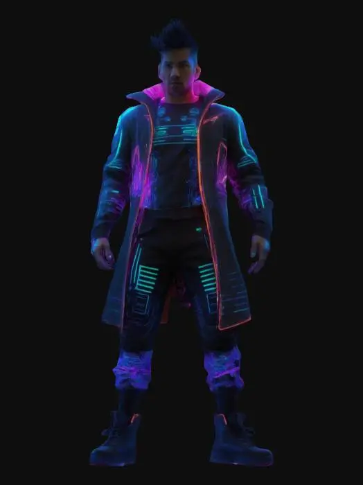 3D model for Subject: Neon Raze as a Superhuman man, cyberpunk-themed attire, glowing neon aura. Style: Cyberpunk, vibrant neon hues, sleek futuristic elements, stylized design. Material: Soft synthetic fabric with neon-accented stitching, faintly glowing circuits, reflective metallic accents. Details: Intricate glowing patterns on the clothing, faint digital patterns on the skin, soft expressions showcasing wonder and curiosity, short and slightly spiked hair.VR, HDR lighting, and 8K rendering.