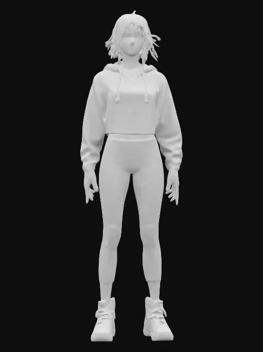 3D model for Petite female character, around 22 years old, standing in an A-pose, blending futuristic tech with casual streetwear.
Style: Hyper-realistic, high-poly model with a mix of playful and high-tech fashion.
Material: Oversized cropped hoodie with embedded AR patches, fitted nano-fiber leggings with glowing seam lines, lightweight high-top sneakers with adaptive soles, fingerless gloves with tactile sensors.
Details: Short, messy pink hair.