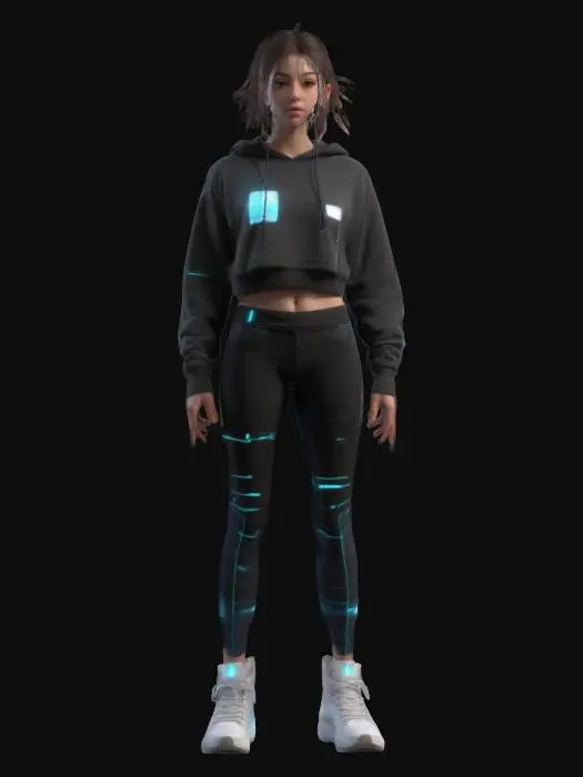 3D model for Petite female character, around 22 years old, standing in an A-pose, blending futuristic tech with casual streetwear.
Style: Hyper-realistic, high-poly model with a mix of playful and high-tech fashion.
Material: Oversized cropped hoodie with embedded AR patches, fitted nano-fiber leggings with glowing seam lines, lightweight high-top sneakers with adaptive soles, fingerless gloves with tactile sensors.
Details: Short, messy pink hair.
