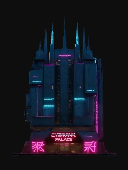 3D model for Subject: Cyberpunk palace, a massive, futuristic high-rise with an angular, monolithic shape.
Style: Cyberpunk 2077-inspired, sleek and imposing, blending brutalist and neo-futuristic design.
Material: Reinforced steel and glass, neon-lit facades, holographic signage, illuminated geometric etchings.
Details: Sharp, asymmetrical towers, interconnected skybridges, floating terraces, modular structures with glowing accent lines, layered walkways, towering spires with radiant neon circuits.