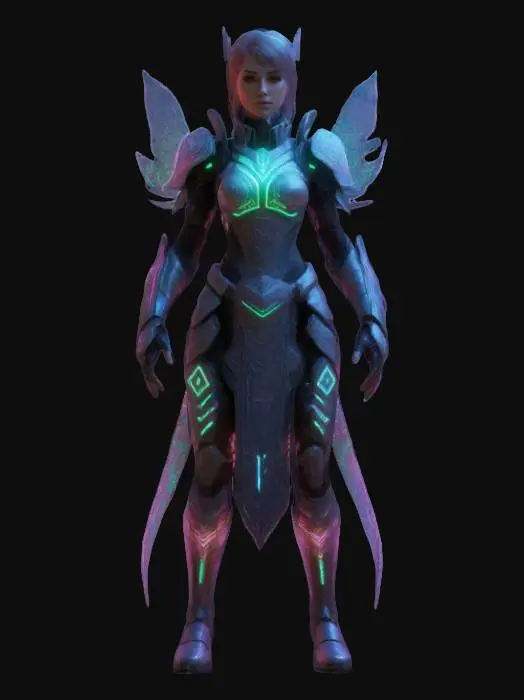 3D model for Subject: Female Protagonist, futuristic and magical design. Style: Fusion of high-tech fashion with elegant fantasy elements, intricate patterns, high-tech armor, and mystical aesthetics. Material: Reinforced nanofiber, enchanted runes, lightweight enchanted metals, and PBR textures for depth.