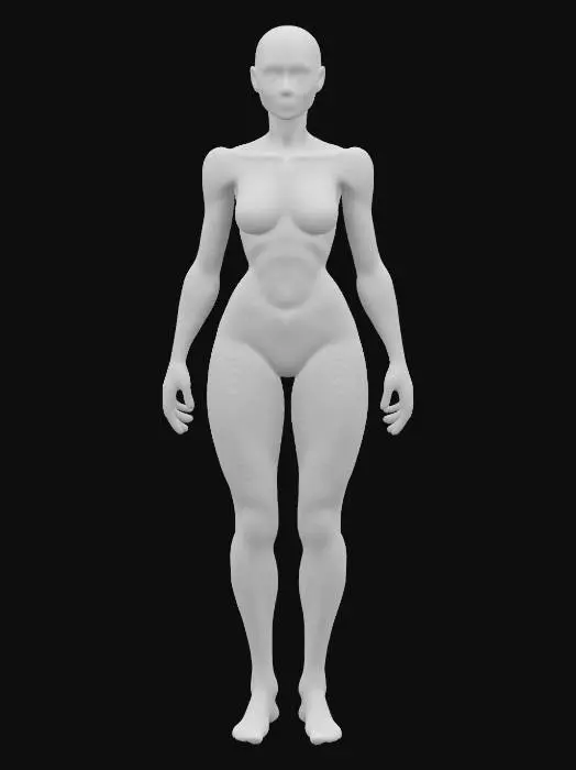 3D model for "A futuristic netrunner with a sleek, athletic build, posed dynamically as if preparing to jack into cyberspace. She stands with one foot slightly forward, weight shifted onto her back leg, exuding agility and readiness. Her cybernetic-enhanced arms are positioned gracefully, one slightly raised as if controlling an invisible interface, the other resting near her side. Her spine is slightly arched, accentuating her ghostly speed and precision. She wears a form-fitting black bodysuit