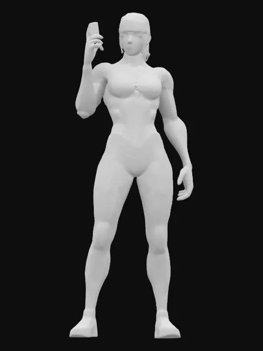 3D model for "A futuristic netrunner with a sleek, athletic build, posed dynamically as if preparing to jack into cyberspace. She stands with one foot slightly forward, weight shifted onto her back leg, exuding agility and readiness. Her cybernetic-enhanced arms are positioned gracefully, one slightly raised as if controlling an invisible interface, the other resting near her side. Her spine is slightly arched, accentuating her ghostly speed and precision. She wears a form-fitting black bodysuit