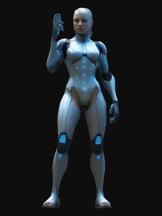 3D model for "A futuristic netrunner with a sleek, athletic build, posed dynamically as if preparing to jack into cyberspace. She stands with one foot slightly forward, weight shifted onto her back leg, exuding agility and readiness. Her cybernetic-enhanced arms are positioned gracefully, one slightly raised as if controlling an invisible interface, the other resting near her side. Her spine is slightly arched, accentuating her ghostly speed and precision. She wears a form-fitting black bodysuit