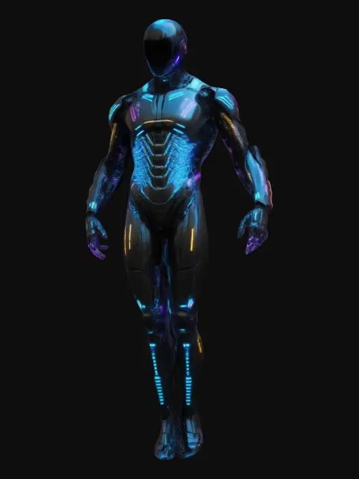 3D model for "A futuristic netrunner with a sleek, athletic build, posed dynamically as if preparing to jack into cyberspace. She stands with one foot slightly forward, weight shifted onto her back leg, exuding agility and readiness. Her cybernetic-enhanced arms are positioned gracefully, one slightly raised as if controlling an invisible interface, the other resting near her side. Her spine is slightly arched, accentuating her ghostly speed and precision. She wears a form-fitting black bodysuit
