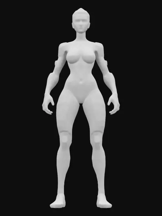 3D model for "A futuristic netrunner with a sleek, athletic build, posed dynamically as if preparing to jack into cyberspace. She stands with one foot slightly forward, weight shifted onto her back leg, exuding agility and readiness. Her cybernetic-enhanced arms are positioned gracefully, one slightly raised as if controlling an invisible interface, the other resting near her side. Her spine is slightly arched, accentuating her ghostly speed and precision. She wears a form-fitting black bodysuit