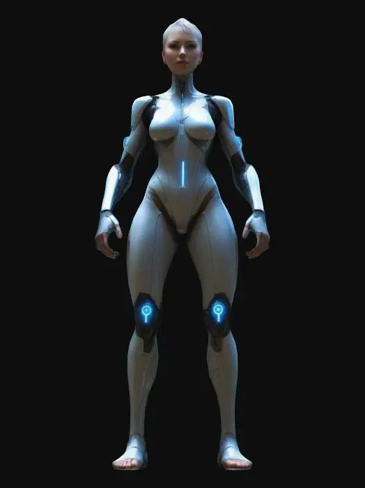 3D model for "A futuristic netrunner with a sleek, athletic build, posed dynamically as if preparing to jack into cyberspace. She stands with one foot slightly forward, weight shifted onto her back leg, exuding agility and readiness. Her cybernetic-enhanced arms are positioned gracefully, one slightly raised as if controlling an invisible interface, the other resting near her side. Her spine is slightly arched, accentuating her ghostly speed and precision. She wears a form-fitting black bodysuit