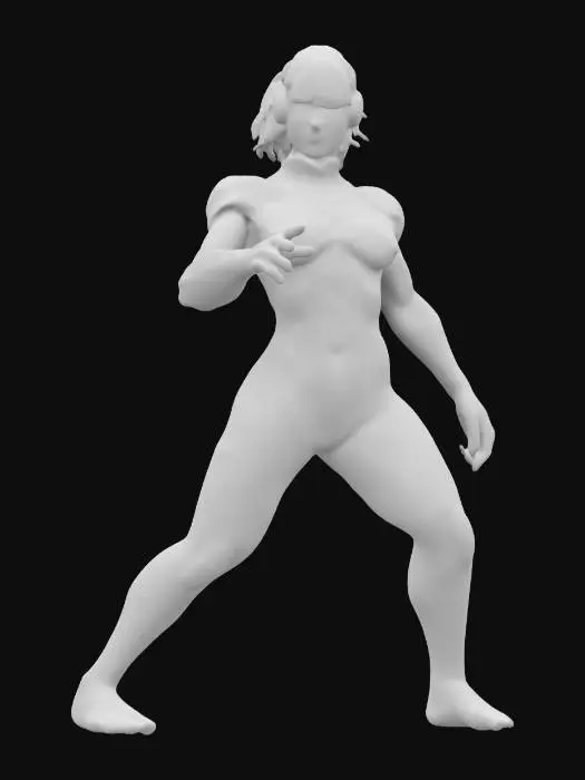 3D model for "A futuristic netrunner with a sleek, athletic build, posed dynamically as if preparing to jack into cyberspace. She stands with one foot slightly forward, weight shifted onto her back leg, exuding agility and readiness. Her cybernetic-enhanced arms are positioned gracefully, one slightly raised as if controlling an invisible interface, the other resting near her side. Her spine is slightly arched, accentuating her ghostly speed and precision. She wears a form-fitting black bodysuit