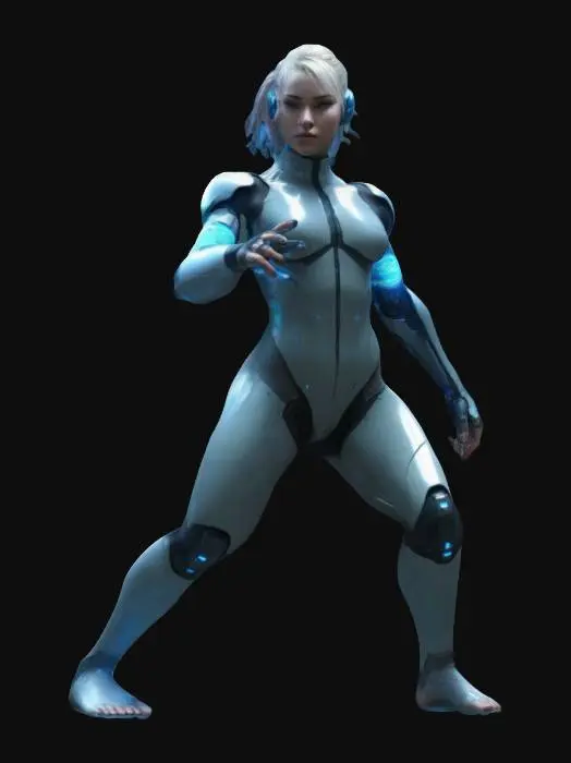 3D model for "A futuristic netrunner with a sleek, athletic build, posed dynamically as if preparing to jack into cyberspace. She stands with one foot slightly forward, weight shifted onto her back leg, exuding agility and readiness. Her cybernetic-enhanced arms are positioned gracefully, one slightly raised as if controlling an invisible interface, the other resting near her side. Her spine is slightly arched, accentuating her ghostly speed and precision. She wears a form-fitting black bodysuit