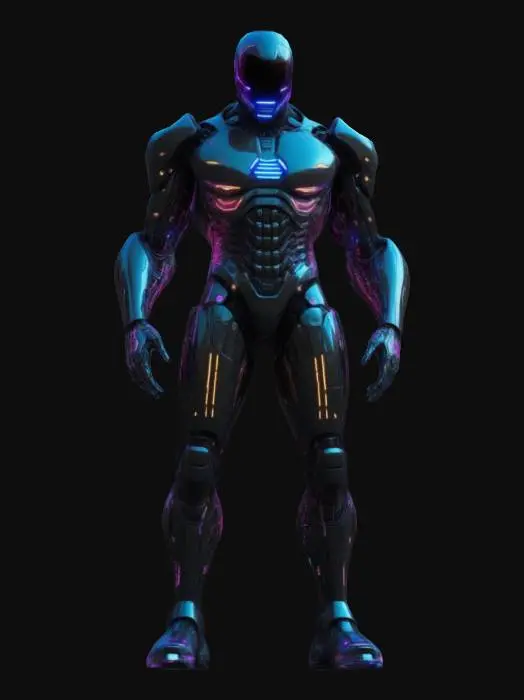 3D model for A futuristic faceless cyberpunk superhero AI with a sleek, armored exoskeleton. The body is composed of glowing neon circuits integrated into black metallic plating. The superhero wears a high-tech full body suit with holographic patterns shifting dynamically. The arms and legs have reinforced cybernetic enhancements, featuring intricate mechanical joints and plasma energy emitters. The overall stance is dynamic, exuding power and mystery, with subtle light reflections on the metallic surfaces. 