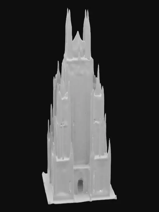 3D model for A futuristic high-tech skyscraper blending Neo-Gothic architecture with a cyberpunk aesthetic. The structure features towering spires, pointed arches, and intricate lattice designs, illuminated by neon-lit edges. The exterior combines dark metal, reflective glass, and aged stone, accented with vibrant blue, purple, and crimson neon lights. The facade is adorned with holographic stained-glass windows, glowing arcane symbols, and cybernetic gargoyles. 