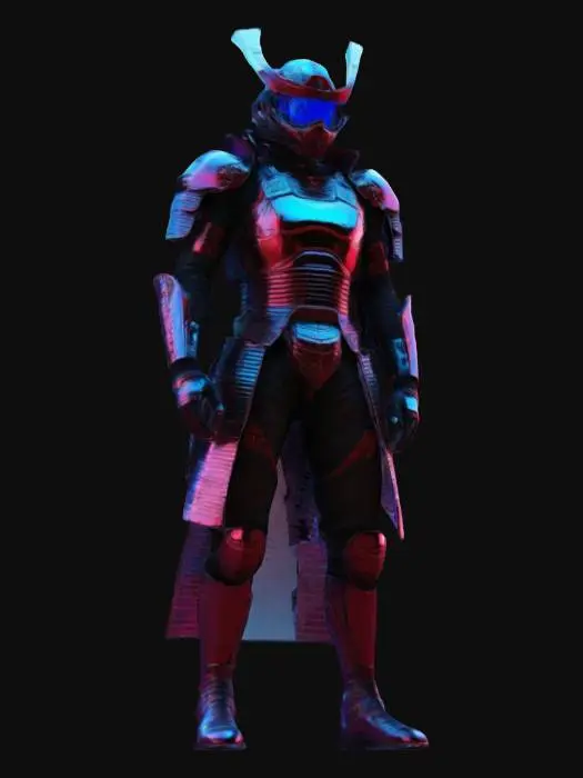 3D model for samurai F1 driver
Style: Futuristic, sleek yet traditional samurai armor aesthetic
Material: Layered metallic plating with neon-lit edges, reinforced combat gloves and boots
Details: Kabuto-style helmet with holographic visor, crimson and black color scheme with glowing blue highlights, combat-ready agility enhancements
Purpose: High-speed cyber-racing in a dystopian Tokyo, futuristic game asset