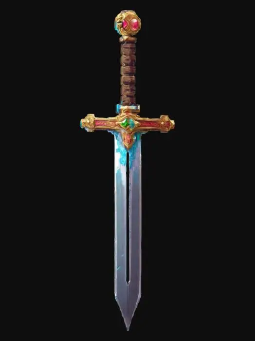 3D model for Subject: Retro-inspired pixel art sword, designed for action RPG gameplay.
Style: 8-bit and 16-bit pixelated aesthetic, low-poly, classic adventure game-inspired.
Material: Metallic pixelated blade with a wooden or jewel-encrusted hilt.
Details: Square-edged pixels, limited color palette, chiptune-style shading, dithering for texture.
Purpose: Game asset for an action RPG, optimized for retro-style pixel graphics with a 3D voxel effect., #ChronoForgeWeapon#