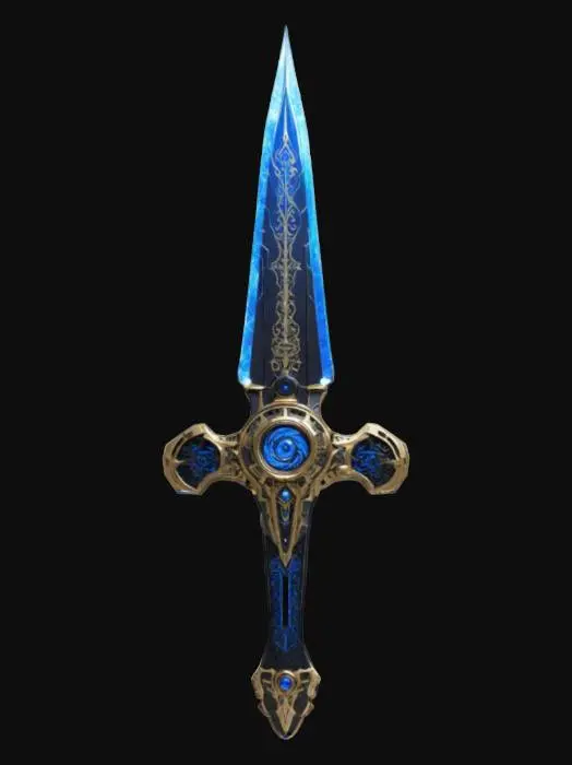 3D model for "A futuristic ChronoForge sword with a sleek, high-tech design. The blade is made of translucent crystalline metal with a glowing blue energy core pulsing through intricate engravings. The hilt is crafted from black carbon-fiber with gold circuitry inlays, and an embedded time-shift mechanism emitting a faint luminescent aura. The pommel features a rotating chrono-dial with an animated clockwork mechanism. , #ChronoForgeWeapon#
