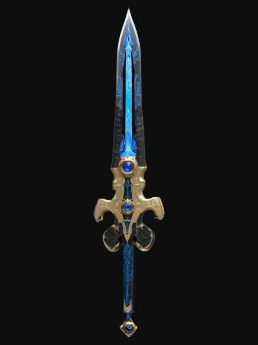 3D model for "A futuristic ChronoForge sword with a sleek, high-tech design. The blade is made of translucent crystalline metal with a glowing blue energy core pulsing through intricate engravings. The hilt is crafted from black carbon-fiber with gold circuitry inlays, and an embedded time-shift mechanism emitting a faint luminescent aura. The pommel features a rotating chrono-dial with an animated clockwork mechanism. , #ChronoForgeWeapon#
