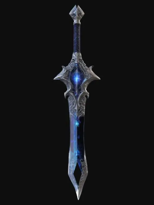 3D model for A dark fantasy chrono-rapier of semi-transparent black voidstone, swirling with spectral energy. Its ultra-thin, needle-like blade distorts space, enabling near-instant thrusts that leave time-infused wounds. The ornate silver guard bears floating arcane sigils that morph with movement. A glowing time-crystal in the pommel grants brief invisibility upon striking. The voidstone shimmers ethereally, with silver inlays enhancing its mystical assassin aesthetic. Fully PBR-ready., #ChronoForgeWeapon#