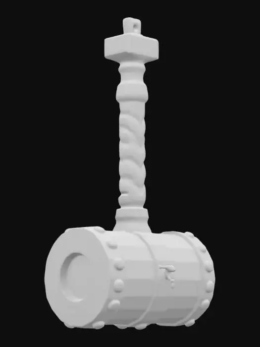 3D model for "A colossal, oakwood hammer with runed iron bands securing its structure. The head is shaped like a massive drinking tankard, complete with a frothing, golden ale-like glow spilling over the rim. The handle is wrapped in braided bear-hide leather, reinforced with heavy brass studs. A small, silver drinking horn is attached to the pommel with a wrought-iron chain.", #ChronoForgeWeapon#