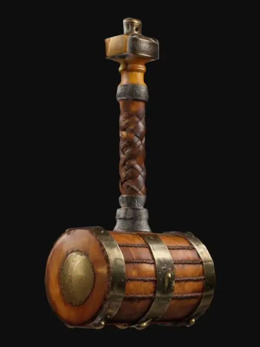 3D model for "A colossal, oakwood hammer with runed iron bands securing its structure. The head is shaped like a massive drinking tankard, complete with a frothing, golden ale-like glow spilling over the rim. The handle is wrapped in braided bear-hide leather, reinforced with heavy brass studs. A small, silver drinking horn is attached to the pommel with a wrought-iron chain.", #ChronoForgeWeapon#