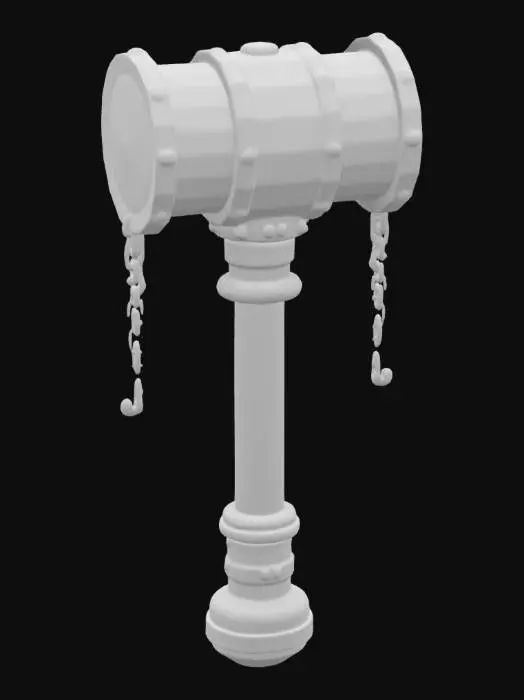 3D model for "A colossal, oakwood hammer with runed iron bands securing its structure. The head is shaped like a massive drinking tankard, complete with a frothing, golden ale-like glow spilling over the rim. The handle is wrapped in braided bear-hide leather, reinforced with heavy brass studs. A small, silver drinking horn is attached to the pommel with a wrought-iron chain.", #ChronoForgeWeapon#