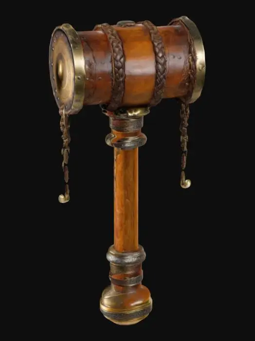 3D model for "A colossal, oakwood hammer with runed iron bands securing its structure. The head is shaped like a massive drinking tankard, complete with a frothing, golden ale-like glow spilling over the rim. The handle is wrapped in braided bear-hide leather, reinforced with heavy brass studs. A small, silver drinking horn is attached to the pommel with a wrought-iron chain.", #ChronoForgeWeapon#