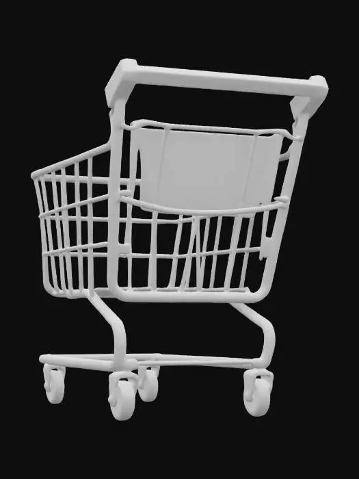 3D model for "A small, sentient shopping cart with big, glossy anime eyes and tiny squeaky wheels. Its metal frame gleams realistically, and it vibrates with nervous energy. The moment someone reaches for it, it bolts in the opposite direction with comical speed. If cornered, it tips over dramatically in protest. Its design balances adorable chaos with exaggerated cartoon physics, making every attempt to use it a challenge." 
