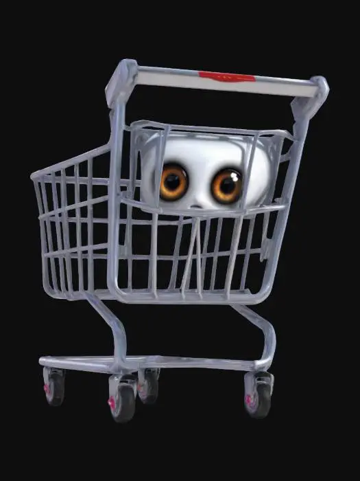 3D model for "A small, sentient shopping cart with big, glossy anime eyes and tiny squeaky wheels. Its metal frame gleams realistically, and it vibrates with nervous energy. The moment someone reaches for it, it bolts in the opposite direction with comical speed. If cornered, it tips over dramatically in protest. Its design balances adorable chaos with exaggerated cartoon physics, making every attempt to use it a challenge." 