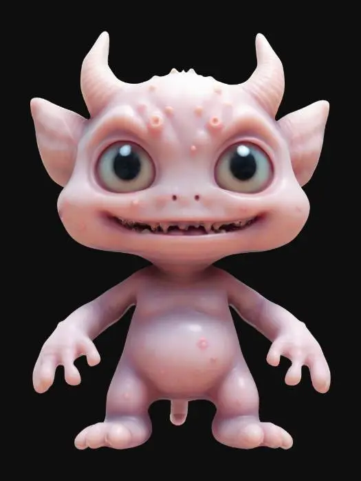 3D model for "A tiny, awkward-looking chibi demon with wobbly noodle arms and a permanently embarrassed expression. It subtly influences people to wave back at strangers who weren’t waving at them, then forces them to do it again if ignored. Its soft, pastel-hued body contrasts with its mischievous intent. Glitches slightly when spotted, as if shifting between dimensions of social discomfort. A walking embodiment of secondhand embarrassment." 