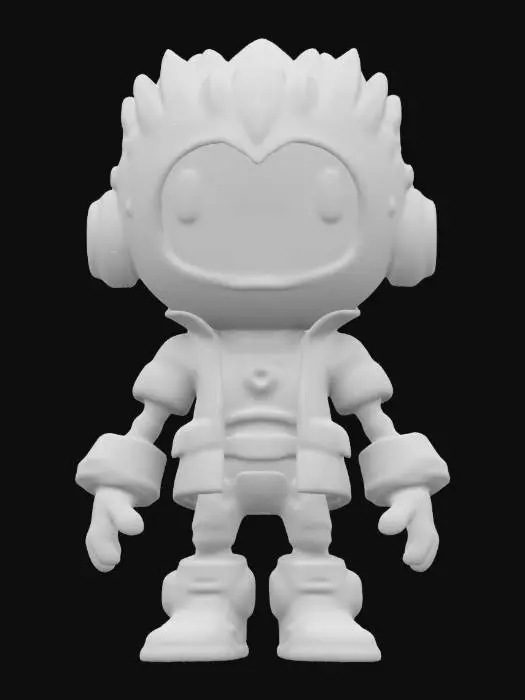 3D model for A chibi humanoid android with a round, expressive LED face displaying emotions in pixelated form. Its sleek, metallic body features glowing neon joints and fiber-optic hair. It wears a cropped cyberpunk jacket with embedded circuitry and roller boots that leave a digital trail. Occasionally flickers and glitches, as if slightly out of sync with reality., #ChronoForgeWeapon#