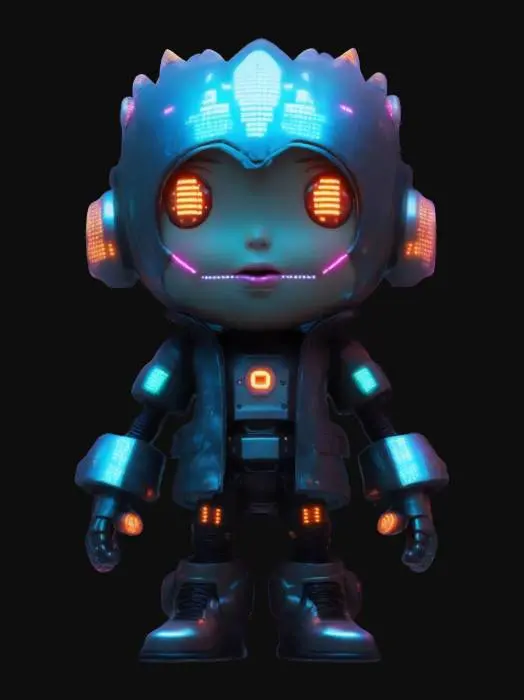 3D model for A chibi humanoid android with a round, expressive LED face displaying emotions in pixelated form. Its sleek, metallic body features glowing neon joints and fiber-optic hair. It wears a cropped cyberpunk jacket with embedded circuitry and roller boots that leave a digital trail. Occasionally flickers and glitches, as if slightly out of sync with reality., #ChronoForgeWeapon#