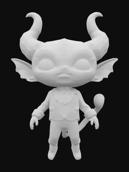 3D model for "A chibi-sized, floating IRS demon in a miniature tailored suit with a glowing pocket watch. Its piercing, luminous eyes radiate silent judgment as it hovers weightlessly. Instead of money, it collects regrets, absorbing them like wisps of energy. Tiny, spectral ledgers float around it, recording every questionable life choice. Its expression remains unimpressed, a cosmic auditor of fate." 