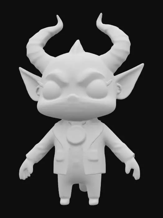3D model for "A chibi-sized, floating IRS demon in a miniature tailored suit with a glowing pocket watch. Its piercing, luminous eyes radiate silent judgment as it hovers weightlessly. Instead of money, it collects regrets, absorbing them like wisps of energy. Tiny, spectral ledgers float around it, recording every questionable life choice. Its expression remains unimpressed, a cosmic auditor of fate."