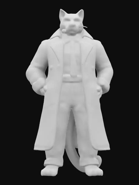 3D model for "Anthropomorphic black panther detective, tall and muscular, wearing a beige trench coat over a white dress shirt and striped green tie. Sleek black fur with sharp feline features, piercing yellow eyes, and a rugged, world-weary expression. Posed with a confident stance, one hand in coat pocket, the other holding a lit cigarette. Noir-inspired, realistic PBR textures with subtle fur details, leather shoes, and a slightly worn coat. Dimly lit urban backdrop, moody 1940s detective aesthetic."